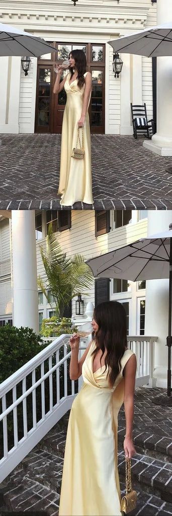 A Line V Neckline Yellow Floor Length Evening Dress Prom Dresses SD2428 HZ0628
