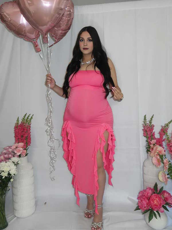 Rose Carmine Ruffle Slit Bodycon Fashion Party Photoshoot Babyshower Maternity Midi Dress Maternity