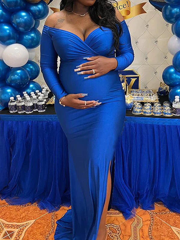 Blue Off Shoulder Long Sleeve High Split Bodycon Solid Baby Shower Party Gown Maternity Maxi Dress Maternity