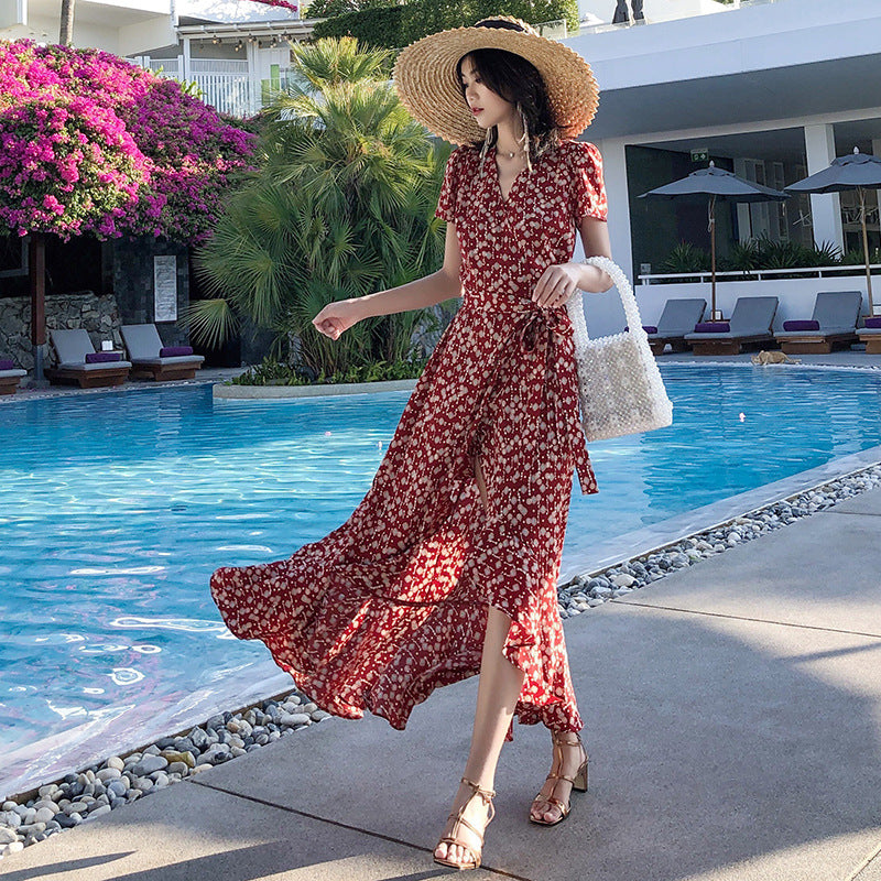 Floral Dress To Ankle Long Thin Temperament Big French Holiday Chiffon Dress Girl