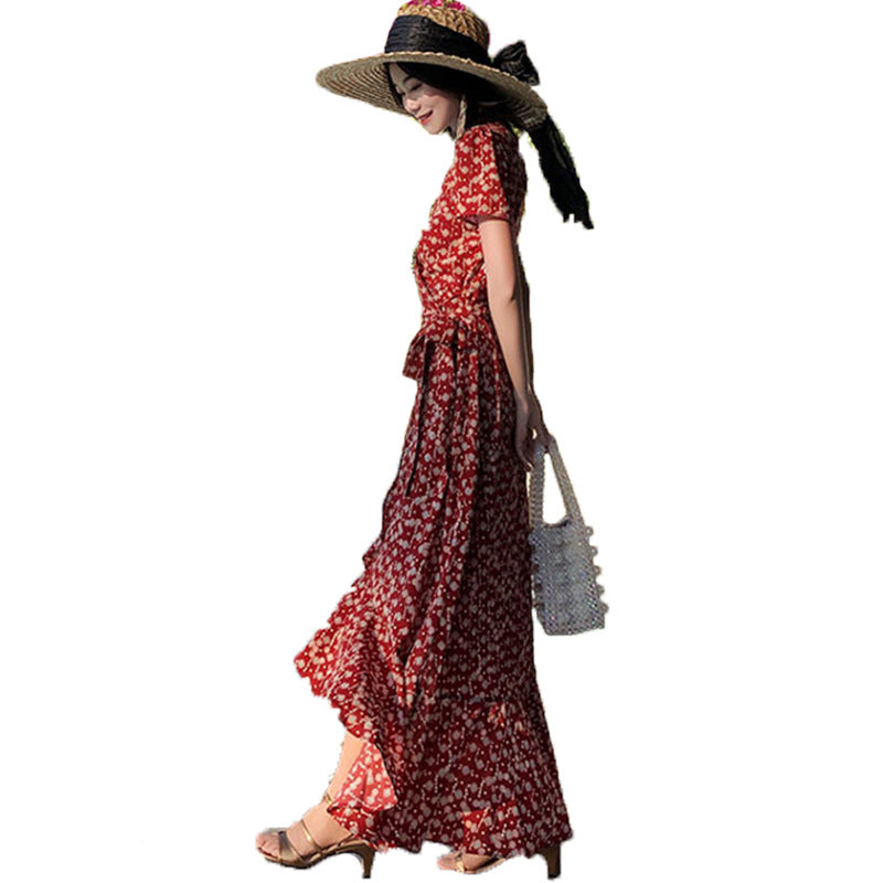 Floral Dress To Ankle Long Thin Temperament Big French Holiday Chiffon Dress Girl