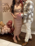 Khaki Ruched Off Shoulder Belly Friendly Baby Shower Club Party Tube Bodycon Maternity Midi Dress Maternity
