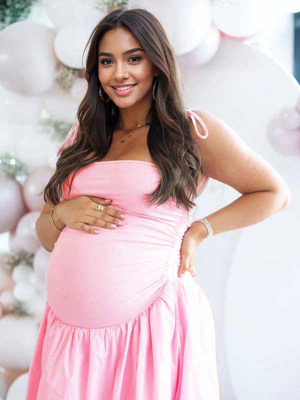 Solid Color Ruched Knotted Adjustable Strap Pockets Big Swing Drop-Waist Puffball Elegant Cocktail Party Gown Maternity Photoshoot Baby Shower Maxi Dress Maternity