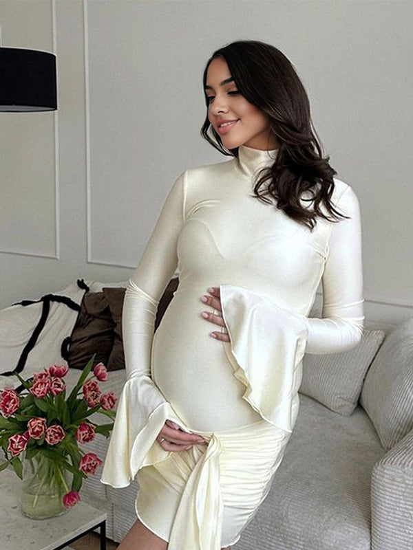 Solid Color Cascading Ruffle Irregular High Neck Draped Bodycon Falbala Elegant Flare Sleeve Bandage Party Baby Shower Maternity Mini Dress Maternity