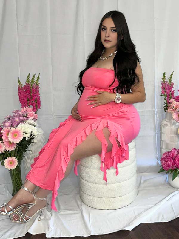 Rose Carmine Ruffle Slit Bodycon Fashion Party Photoshoot Babyshower Maternity Midi Dress Maternity