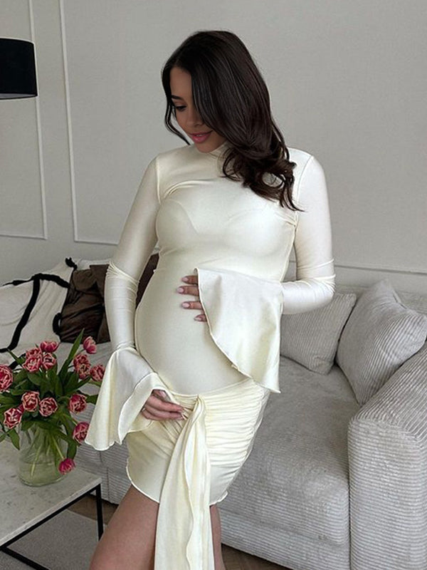 Solid Color Cascading Ruffle Irregular High Neck Draped Bodycon Falbala Elegant Flare Sleeve Bandage Party Baby Shower Maternity Mini Dress Maternity