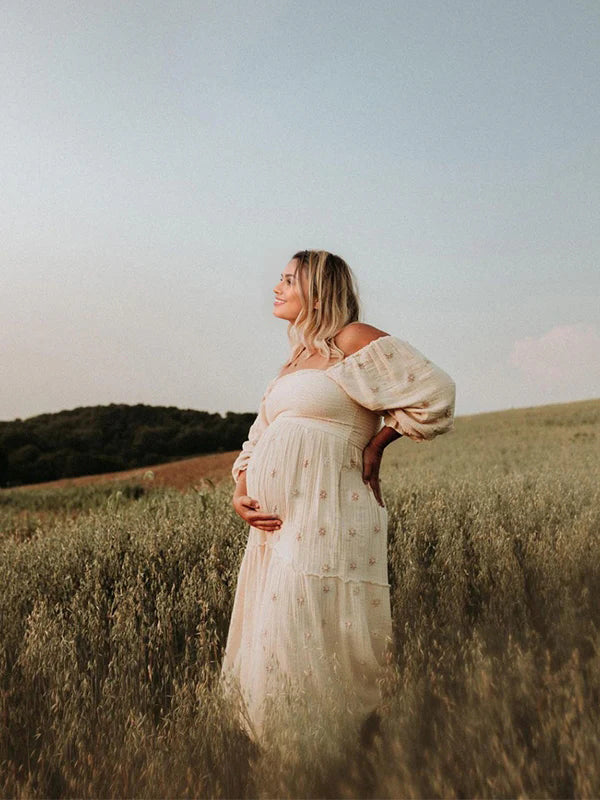 Apricot Daisy Print Smocked Off Shoulder Ruffle Big Swing Elegant Vacation Maternity Photoshoot Baby Shower Party Maxi Dress Maternity