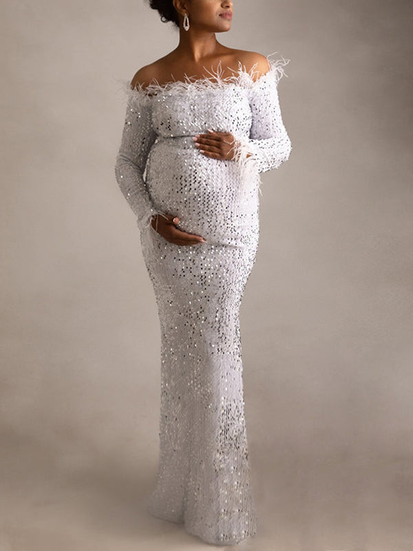White Sparkly Sequin Feather Off Shoulder Elegant Evening Gown Maternity Photoshoot Baby Shower Party Maxi Dress Maternity