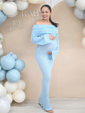 Blue Knit Ruched Off Shoulder Flare Sleeve Bodycon Elegant Cocktail Party Gown Maternity Photoshoot Baby Shower Maxi Dress Maternity