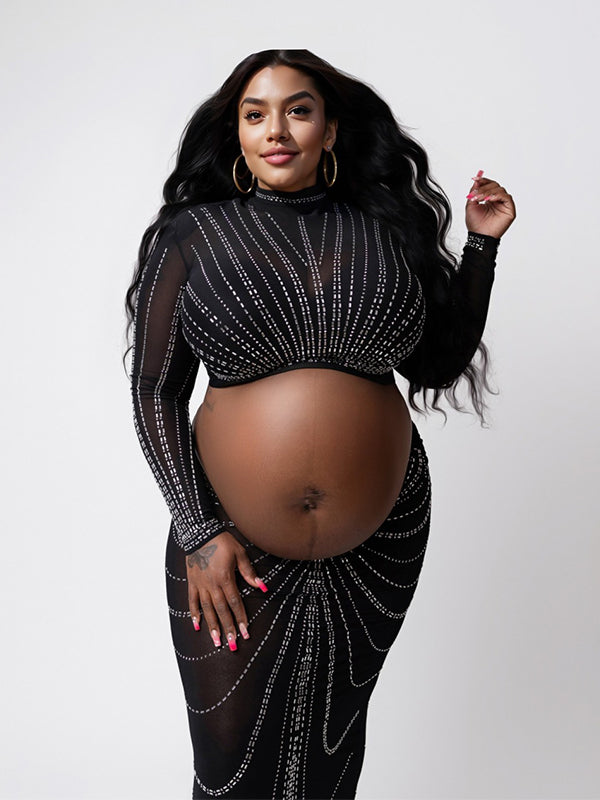 Black Mesh Rhinestone High Neck Crop 2-in-1 Midriff Bodycon Long Sleeve Photoshoot Evening Plus Size Maternity Maxi Dress Maternity