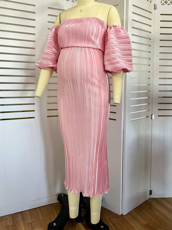 Pink Off Shoulder Bandeau Ribbed Pleated Bodycon Puff Sleeve Evening Gown Baby Shower Maternity Maxi Dress Maternity