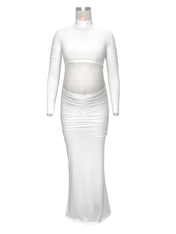 Solid Color Ruffle High Neck Crop Top 2-in-1 Long Sleeve Bodycon Club Party Photoshoot Maternity Maxi Dress Maternity