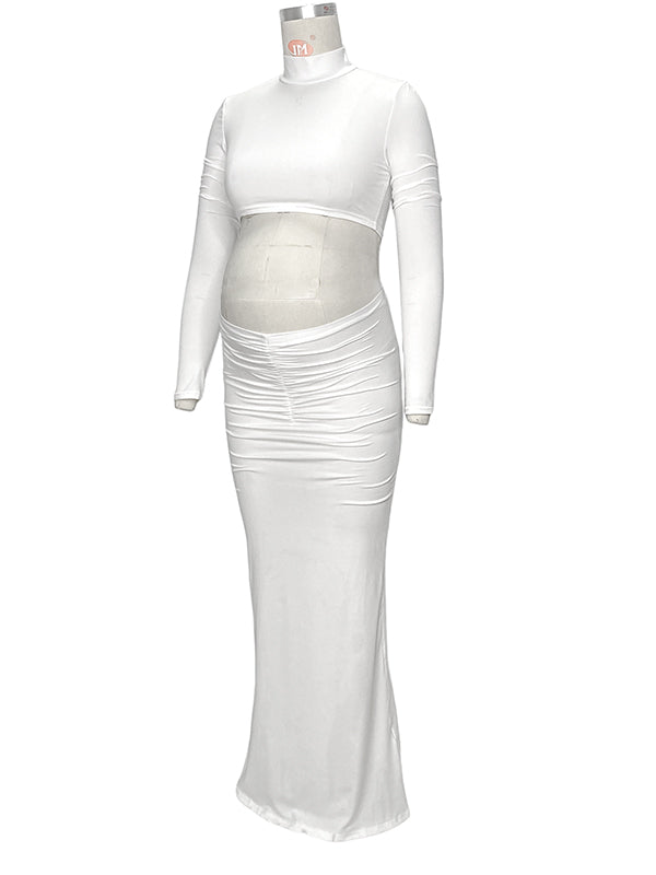 Solid Color Ruffle High Neck Crop Top 2-in-1 Long Sleeve Bodycon Club Party Photoshoot Maternity Maxi Dress Maternity