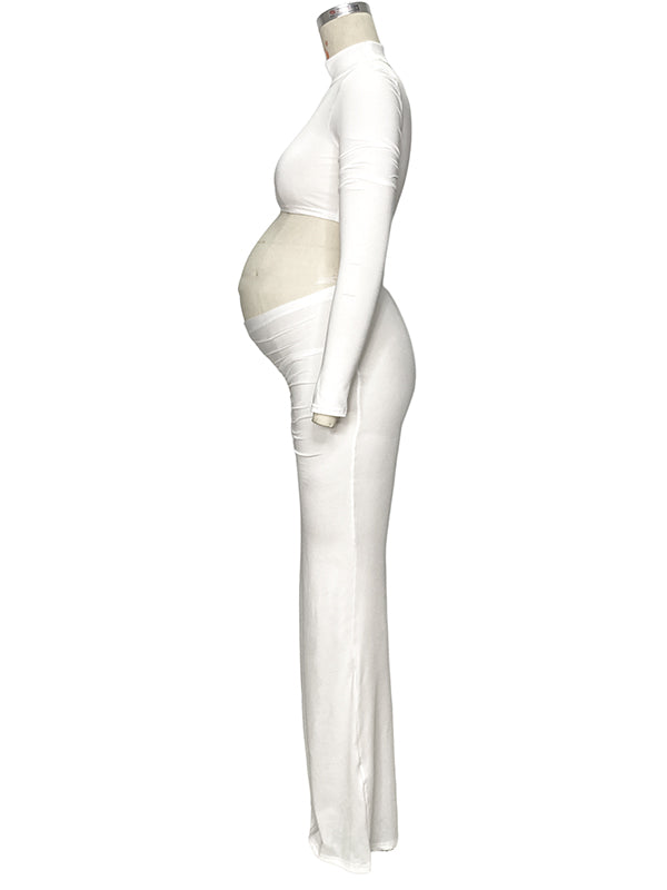 Solid Color Ruffle High Neck Crop Top 2-in-1 Long Sleeve Bodycon Club Party Photoshoot Maternity Maxi Dress Maternity