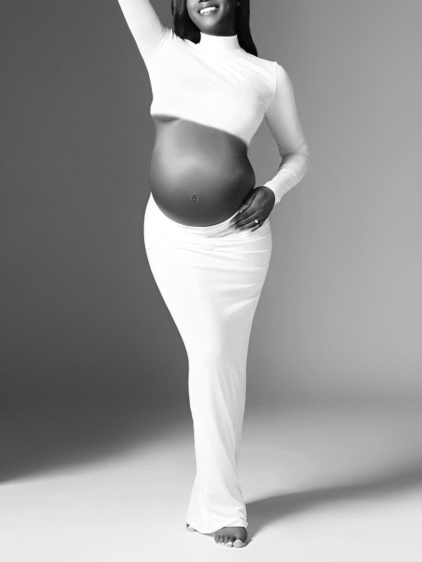 Solid Color Ruffle High Neck Crop Top 2-in-1 Long Sleeve Bodycon Club Party Photoshoot Maternity Maxi Dress Maternity