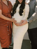 Beige Lace Off Shoulder Ruffle Falbala Bodycon Elegant Maternity Baby Shower Maxi Dress Maternity