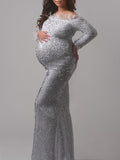 White Sparkly Sequin Feather Off Shoulder Elegant Evening Gown Maternity Photoshoot Baby Shower Party Maxi Dress Maternity