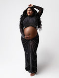 Black Mesh Rhinestone High Neck Crop 2-in-1 Midriff Bodycon Long Sleeve Photoshoot Evening Plus Size Maternity Maxi Dress Maternity