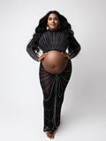 Black Mesh Rhinestone High Neck Crop 2-in-1 Midriff Bodycon Long Sleeve Photoshoot Evening Plus Size Maternity Maxi Dress Maternity