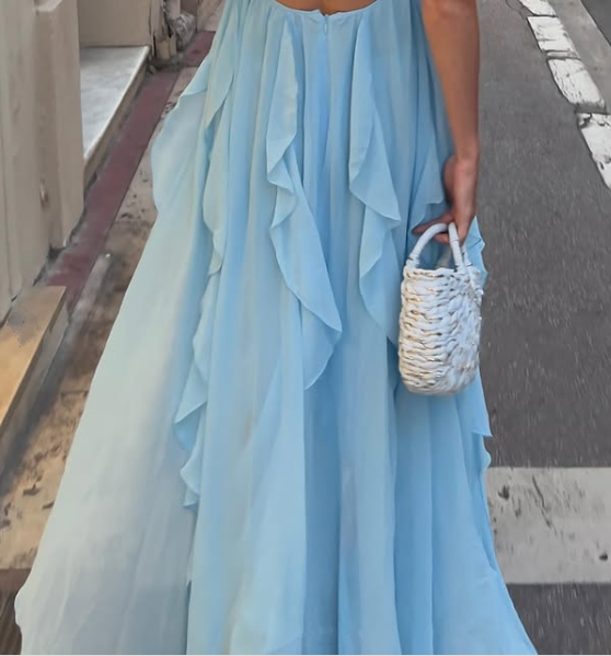A Line Halter Blue Chiffon Backless Long Evening Dress Prom Dresses SD1660 HZ0628