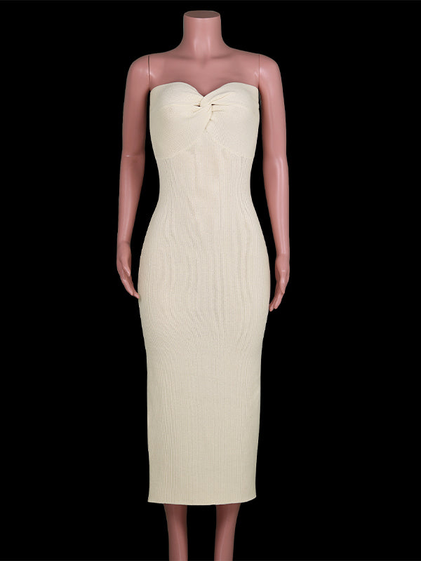 Beige Tube Twist Bow Back Slit Bodycon Crochet Fashion Baby Shower Maternity Maxi Sweater Dress Maternity