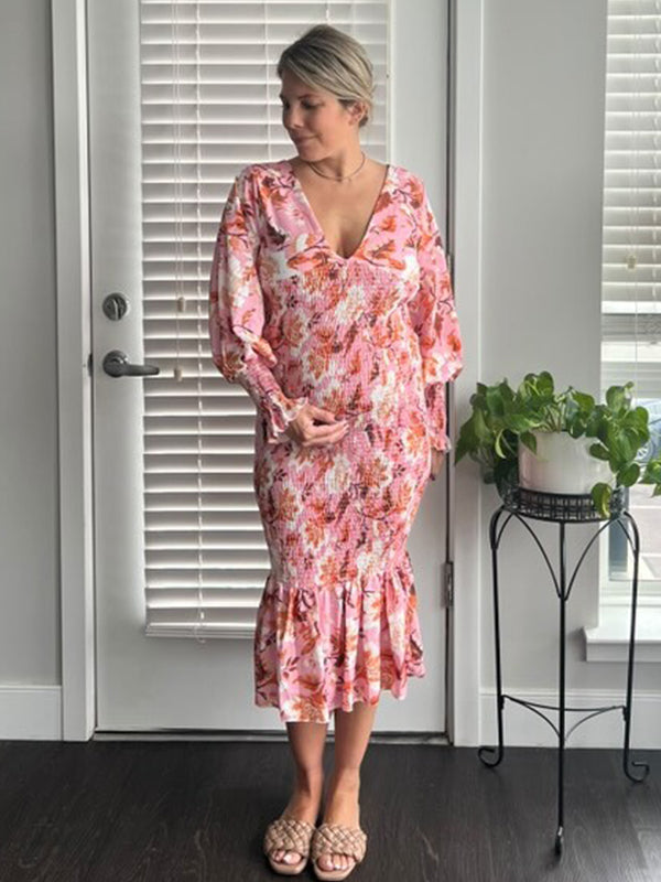 Pink Floral Smocked Mermaid Deep V-neck Lantern Sleeve Elegant Cocktail Party Maternity Photoshoot Baby Shower Maxi Dress Maternity