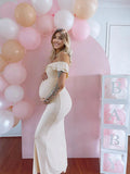 Ivory White Ruffle Falbala Off Shoulder Mermaid Elegant Cocktail Evening Gown Maternity Photoshoot Baby Shower Maxi Dress Maternity