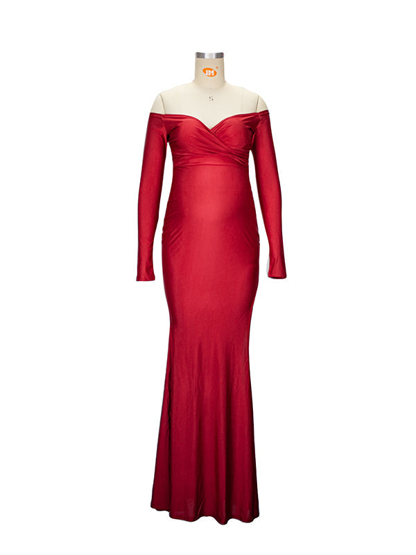 Off Shoulder Long Sleeve Slit Bodycon Solid Baby Shower Party Evening Gown Maternity Maxi Dress Maternity