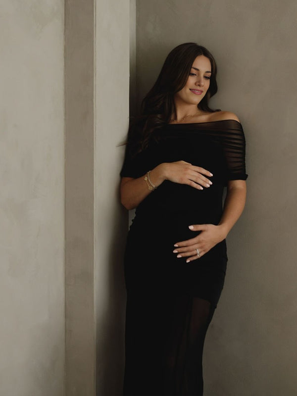 Sheer Mesh Ruched Bandeau Off Shoulder Long Sleeve Mermaid Elegant Cocktail Party Gown Maternity Photoshoot Baby Shower Maxi Dress Maternity