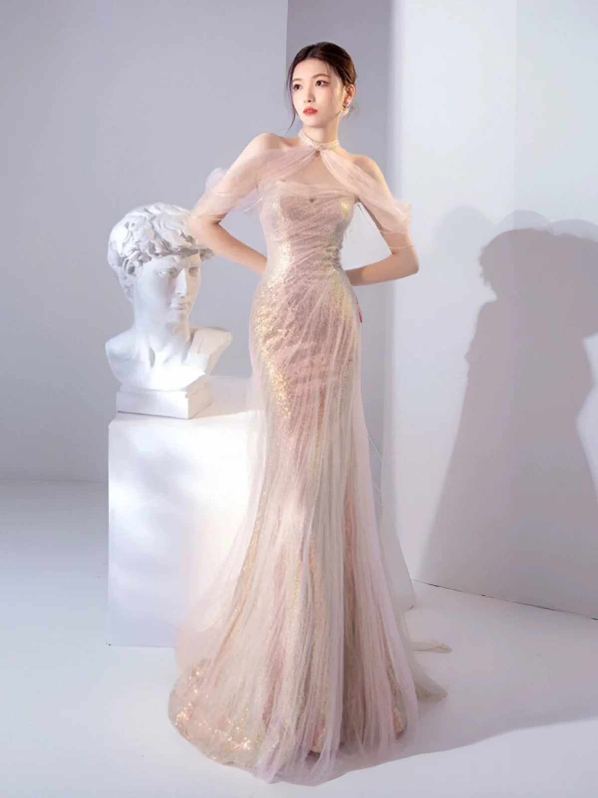 Mermaid Halter Pink Sequin Long Prom Dress Evening Dress Formal Dress SD1819 HZ0628