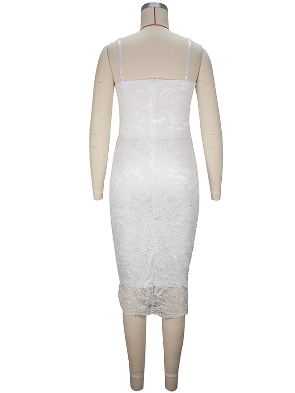 White Lace Spaghetti Strap Backless V-Neck Elegant Babyshower Party Maternity Midi Dress Maternity