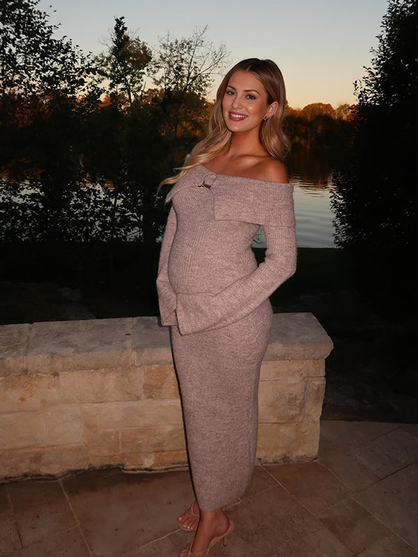 Off Shoulder Fluffy Knit Bardot Neckline Flare Sleeve Bodycon Elegant Going Out Party Maternity Photoshoot Baby Shower Maxi Sweater Dress Maternity