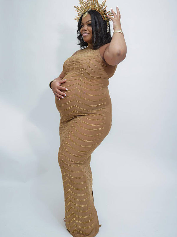 Gold Rhinestone Mesh Sleeveless Backless Photoshoot Bodycon Evening Plus Size Maternity Maxi Dress Maternity