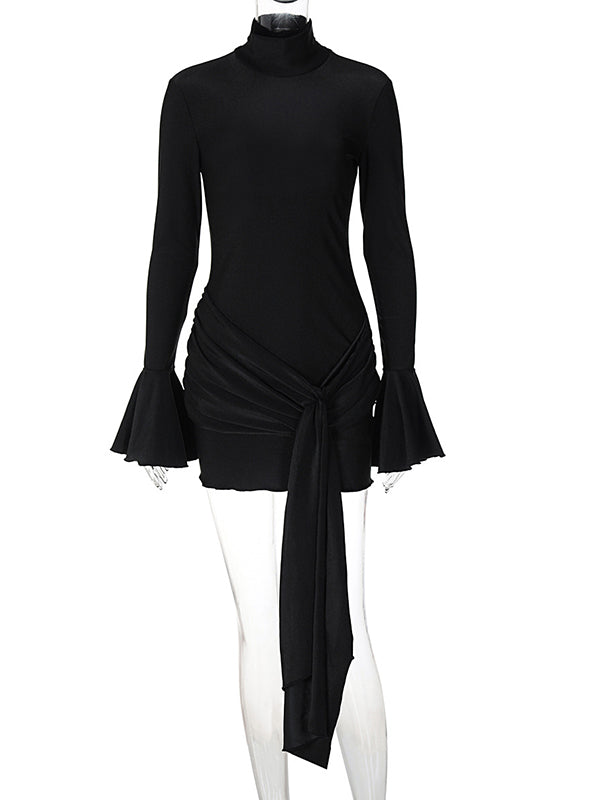 Solid Color Cascading Ruffle Irregular High Neck Draped Bodycon Falbala Elegant Flare Sleeve Bandage Party Baby Shower Maternity Mini Dress Maternity