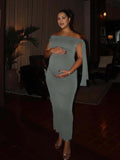 Grey Asymmetric Shoulder Knotted One Shoulder Sleeveless Bodycon Elegant Cocktail Party Maternity Photoshoot Baby Shower Maxi Dress Maternity