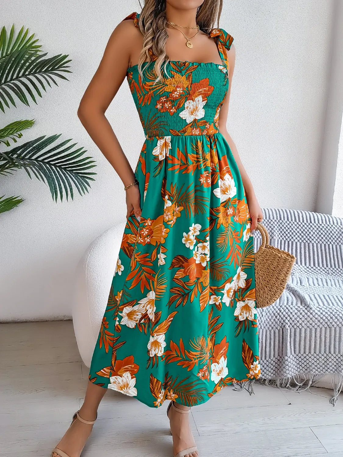 Floral Tie Shoulder Midi Dress DJPT