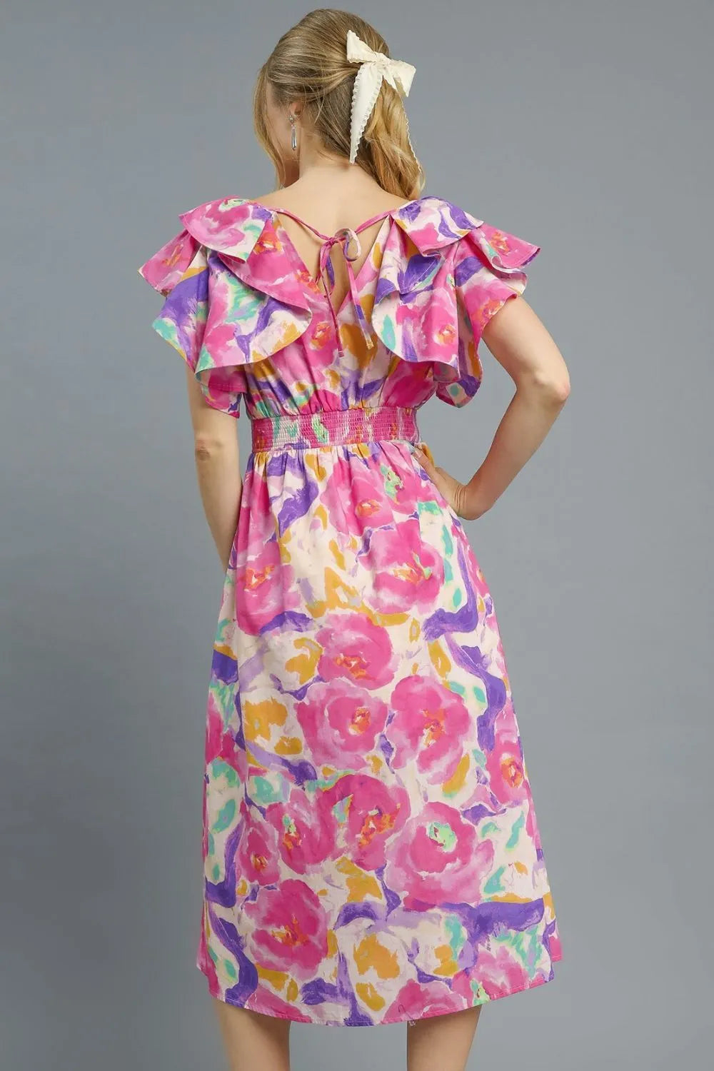 Floral Ruffled Cap Sleeve Midi Dress DJPT