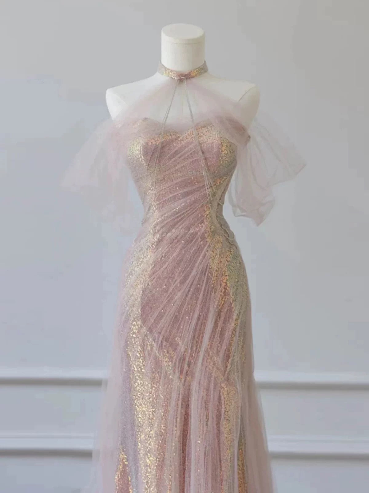 Mermaid Halter Pink Sequin Long Prom Dress Evening Dress Formal Dress SD1819 HZ0628