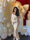 Beige Off Shoulder Ruffle Falbala Ruched Slit Mermaid Elegant Maternity Baby Shower Maxi Dress Maternity