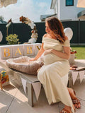 Beige Off Shoulder Ruched Back Slit Bodycon Elegant Baby Shower Maternity Maxi Dress Maternity