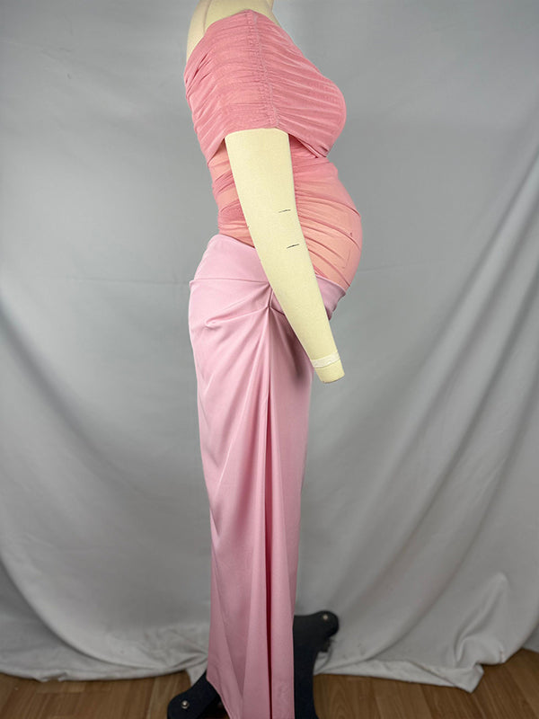Mesh Patchwork Off Shoulder Ruched Cut Out Bodycon Elegant Cocktail Party Maternity Baby Shower Maxi Dress Maternity
