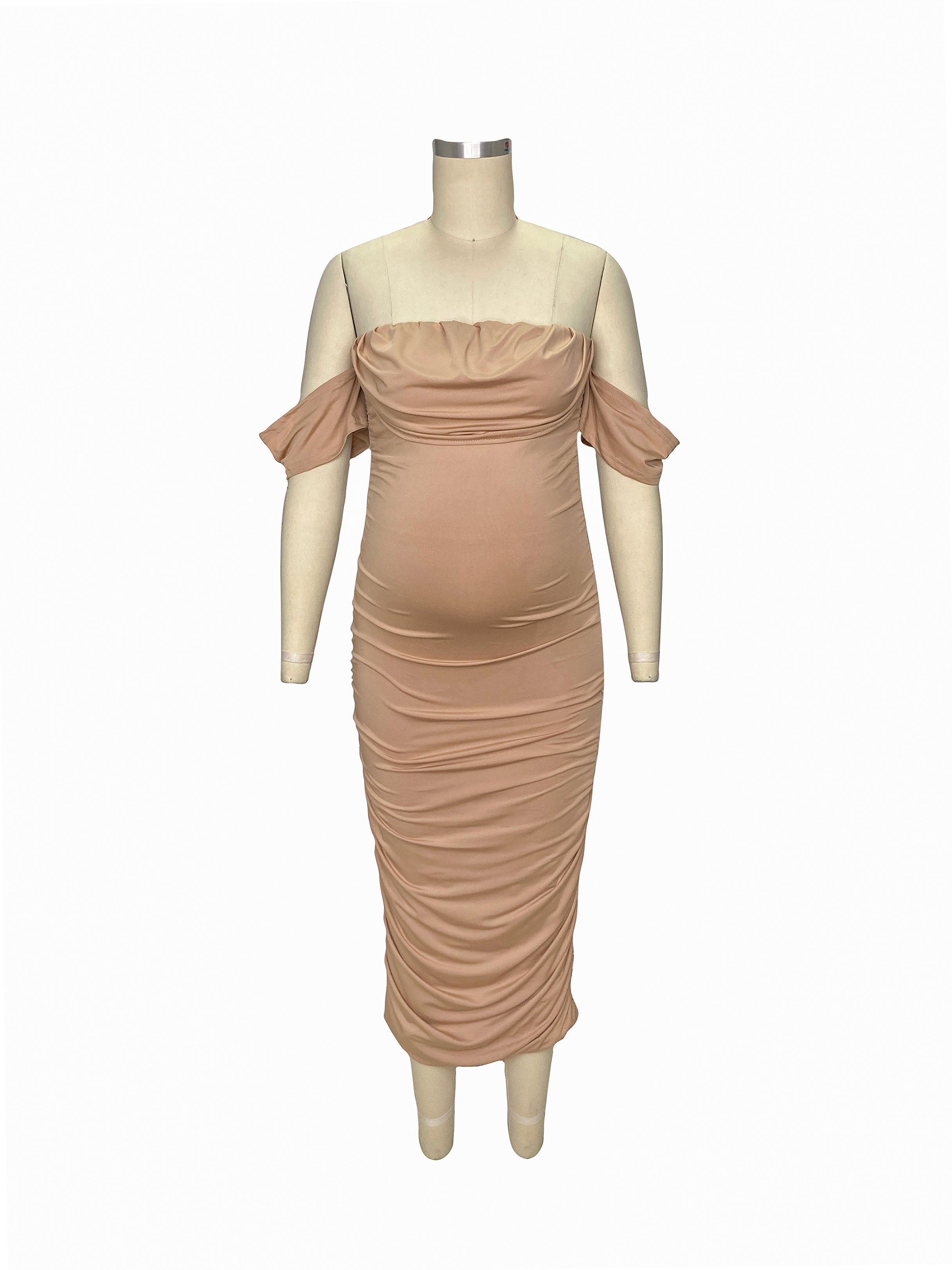 Khaki Ruched Off Shoulder Belly Friendly Baby Shower Club Party Tube Bodycon Maternity Midi Dress Maternity