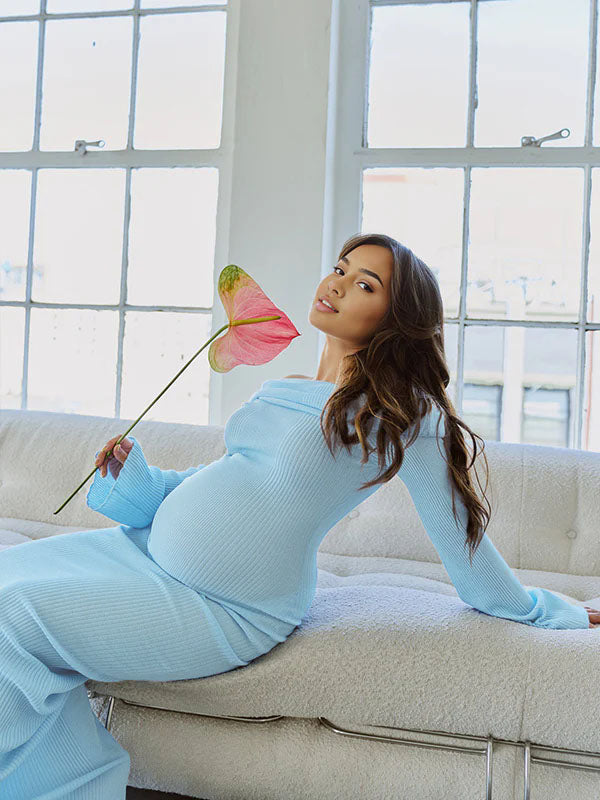 Blue Knit Ruched Off Shoulder Flare Sleeve Bodycon Elegant Cocktail Party Gown Maternity Photoshoot Baby Shower Maxi Dress Maternity