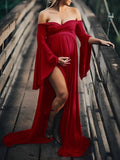 Solid Off Shoulder V-neck Slit Flare Sleeve Party Long Train Gown Maternity Photoshoot Maxi Dress Maternity
