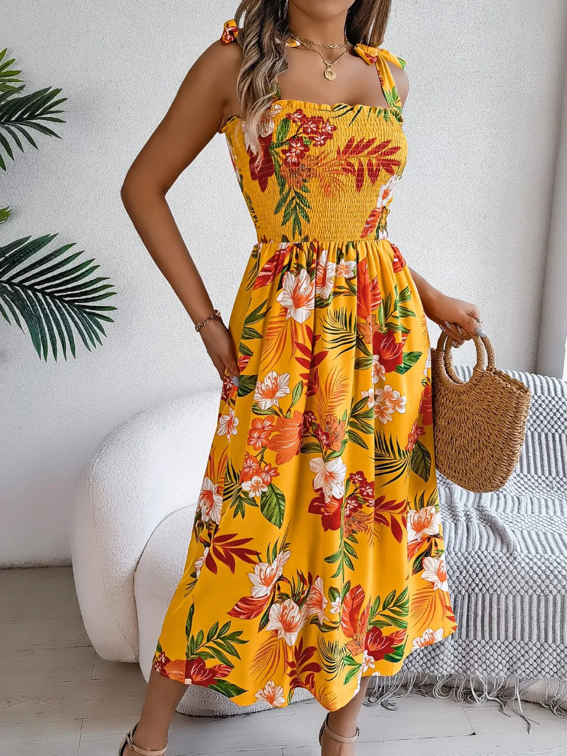 Floral Tie Shoulder Midi Dress DJPT