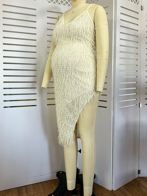 Apricot Tassel Side Slit Photoshoot Evening Gown Baby Shower Maternity Midi Dress Maternity