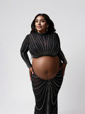 Black Mesh Rhinestone High Neck Crop 2-in-1 Midriff Bodycon Long Sleeve Photoshoot Evening Plus Size Maternity Maxi Dress Maternity
