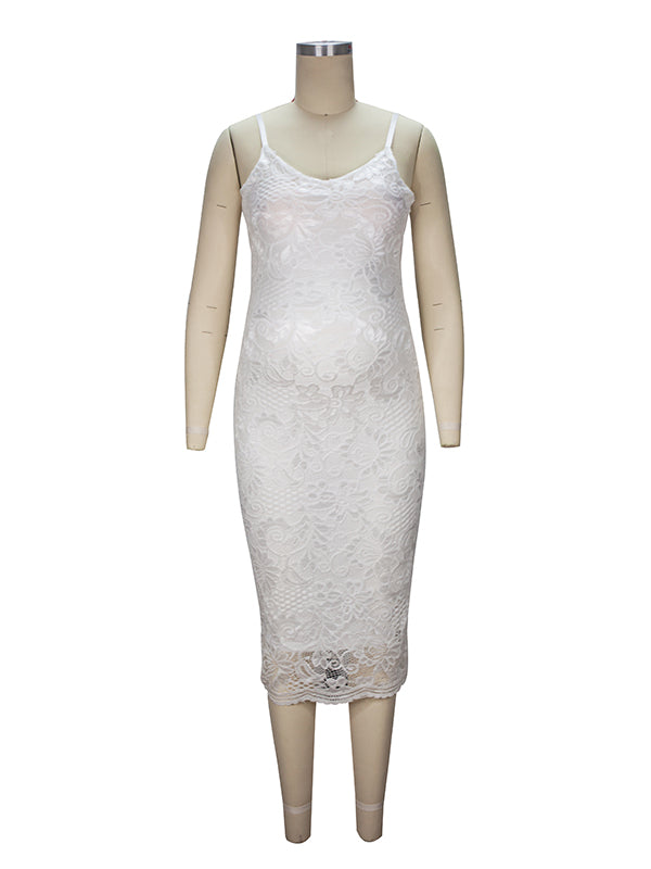 White Lace Spaghetti Strap Backless V-Neck Elegant Babyshower Party Maternity Midi Dress Maternity