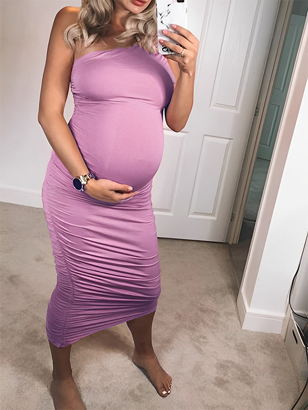 Lavender Ruched One Shoulder Irregular Ruffle Bodycon Elegant Baby Shower Party Maternity Midi Dress Maternity