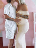 Ivory White Ruffle Falbala Off Shoulder Mermaid Elegant Cocktail Evening Gown Maternity Photoshoot Baby Shower Maxi Dress Maternity